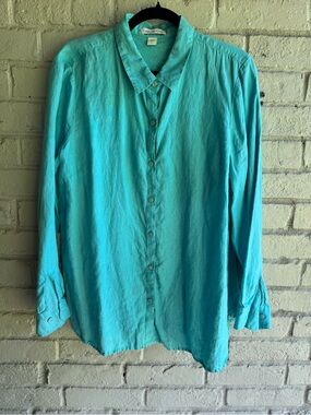 Coldwater Creek Aqua Linen Button Shirt Sz L EUC LS